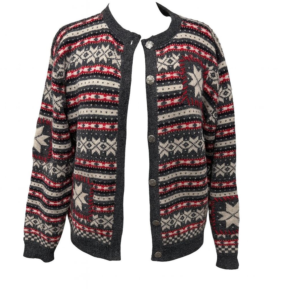 Nordic Fair Isle Button-Front Knit Cardigan | Wool Blend | Size Medium